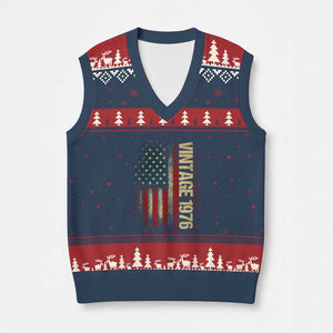 Vintage 1976 Distressed American Flag V-Neck Knit Sweater Vest Patriotic 50th Birthday Graphic TS02 Navy Red Print Your Wear