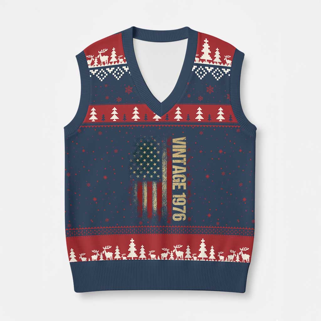 Vintage 1976 Distressed American Flag V-Neck Knit Sweater Vest Patriotic 50th Birthday Graphic TS02 Navy Red Print Your Wear