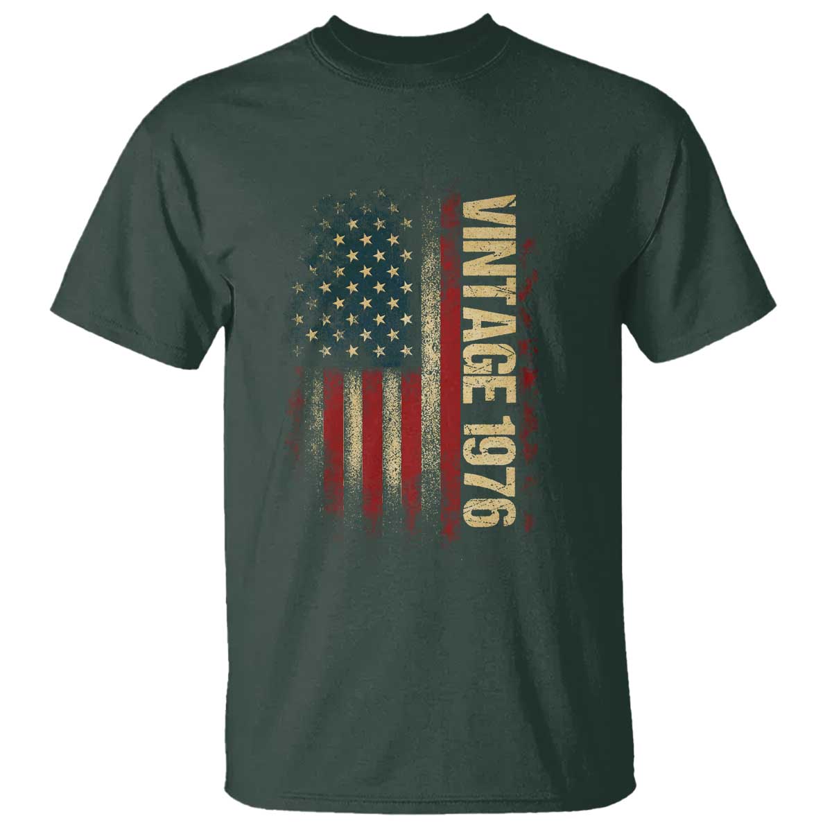 Vintage 1976 Distressed American Flag T Shirt Patriotic 50th Birthday Graphic TS02 Dark Forest Green Print Your Wear