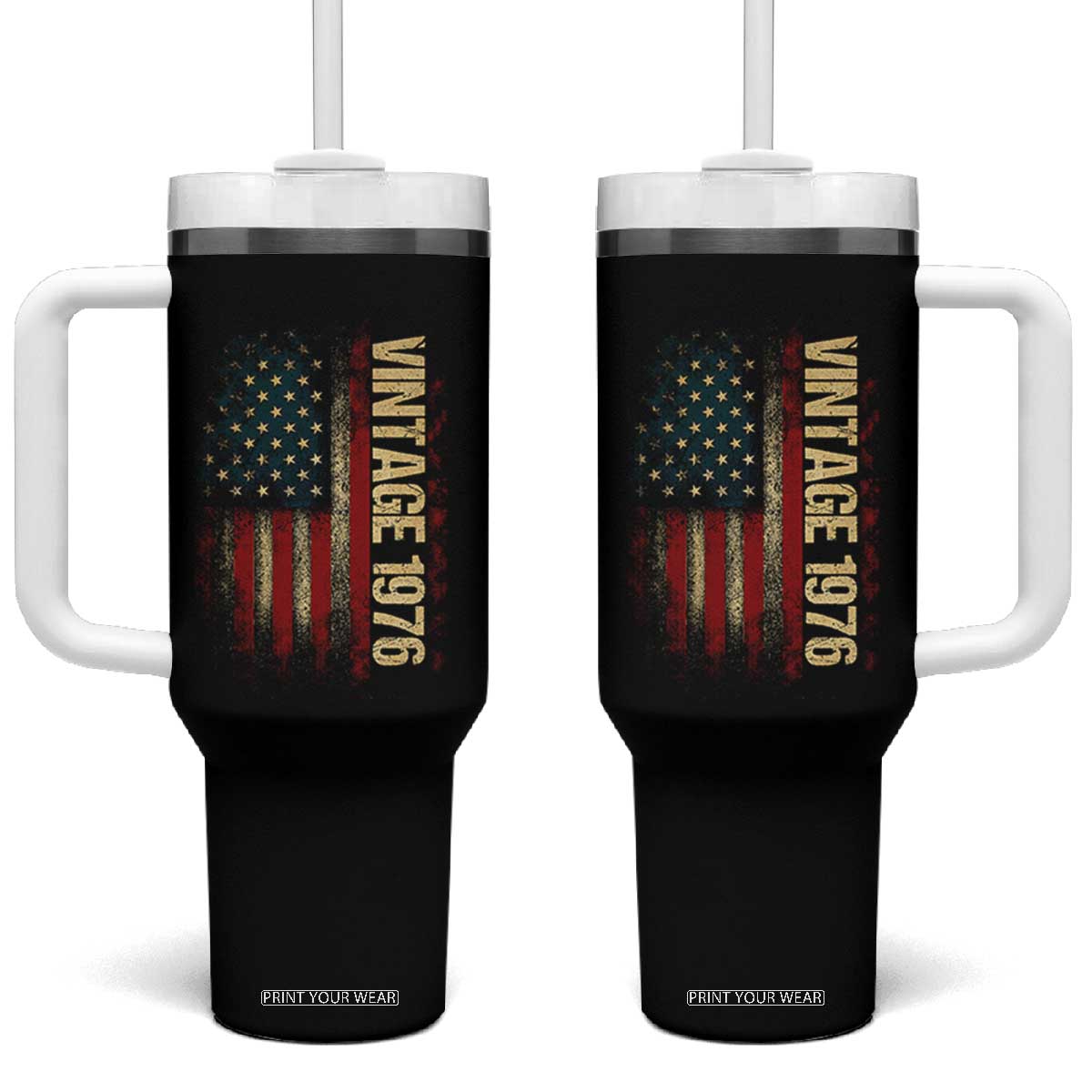 Vintage 1976 Distressed American Flag Tumbler With Handle Patriotic 50th Birthday Graphic TS02 One Size: 40 oz Black Print Your Wear