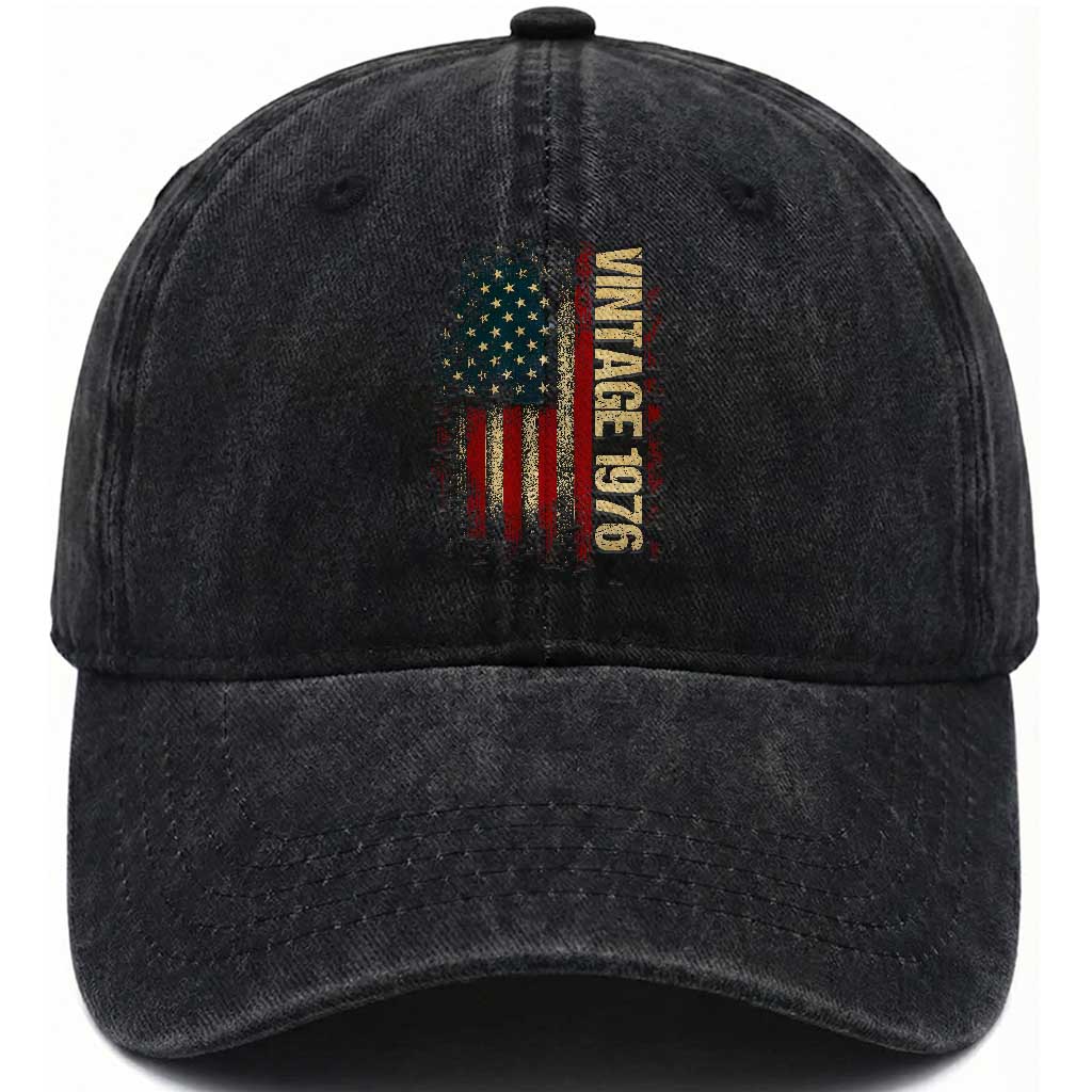 Vintage 1976 Distressed American Flag Washed Cotton Baseball Cap Patriotic 50th Birthday Graphic