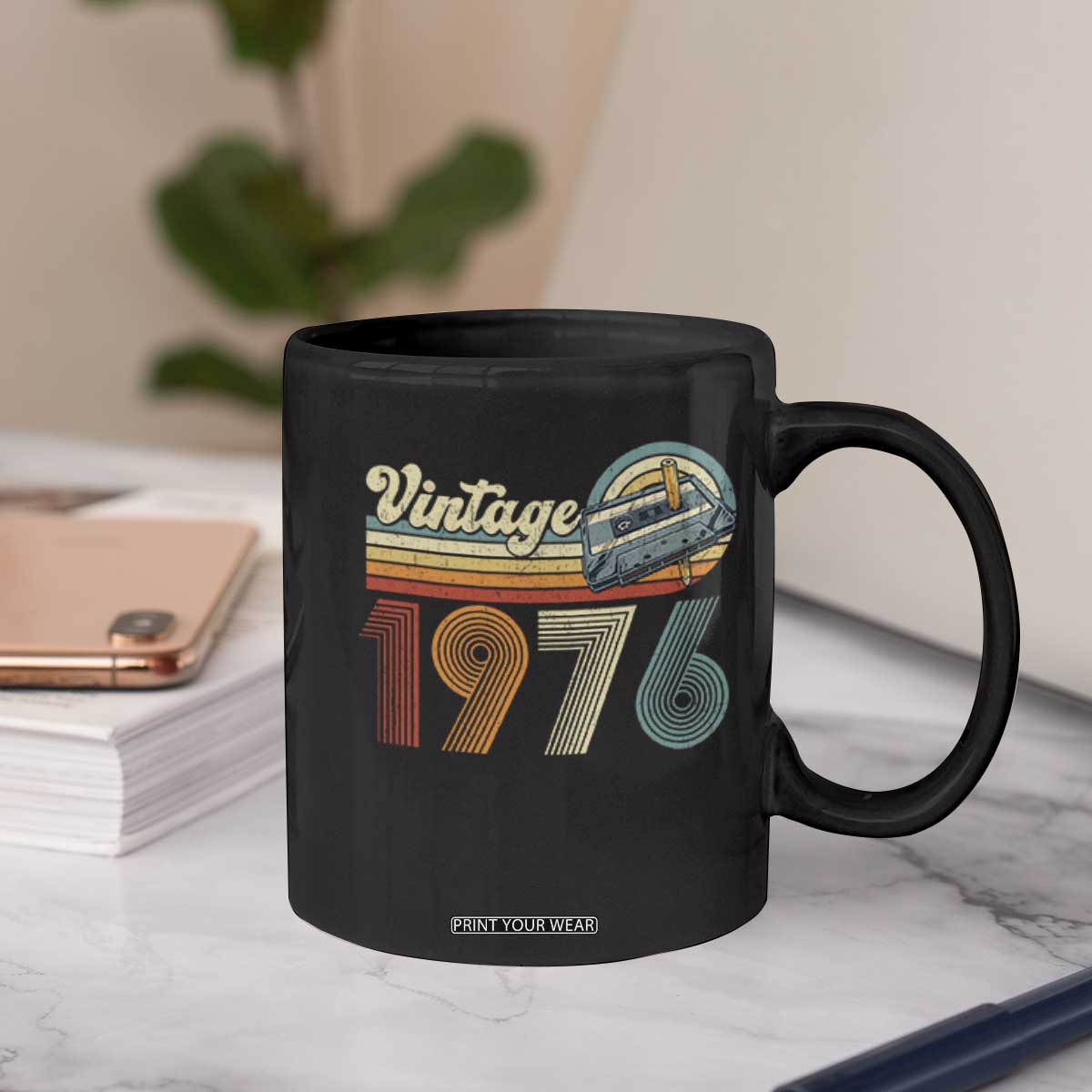Vintage Sunset 1976 Retro Cassette Coffee Mug Mechanical Dial Tech Nostalgia 50th Birthday
