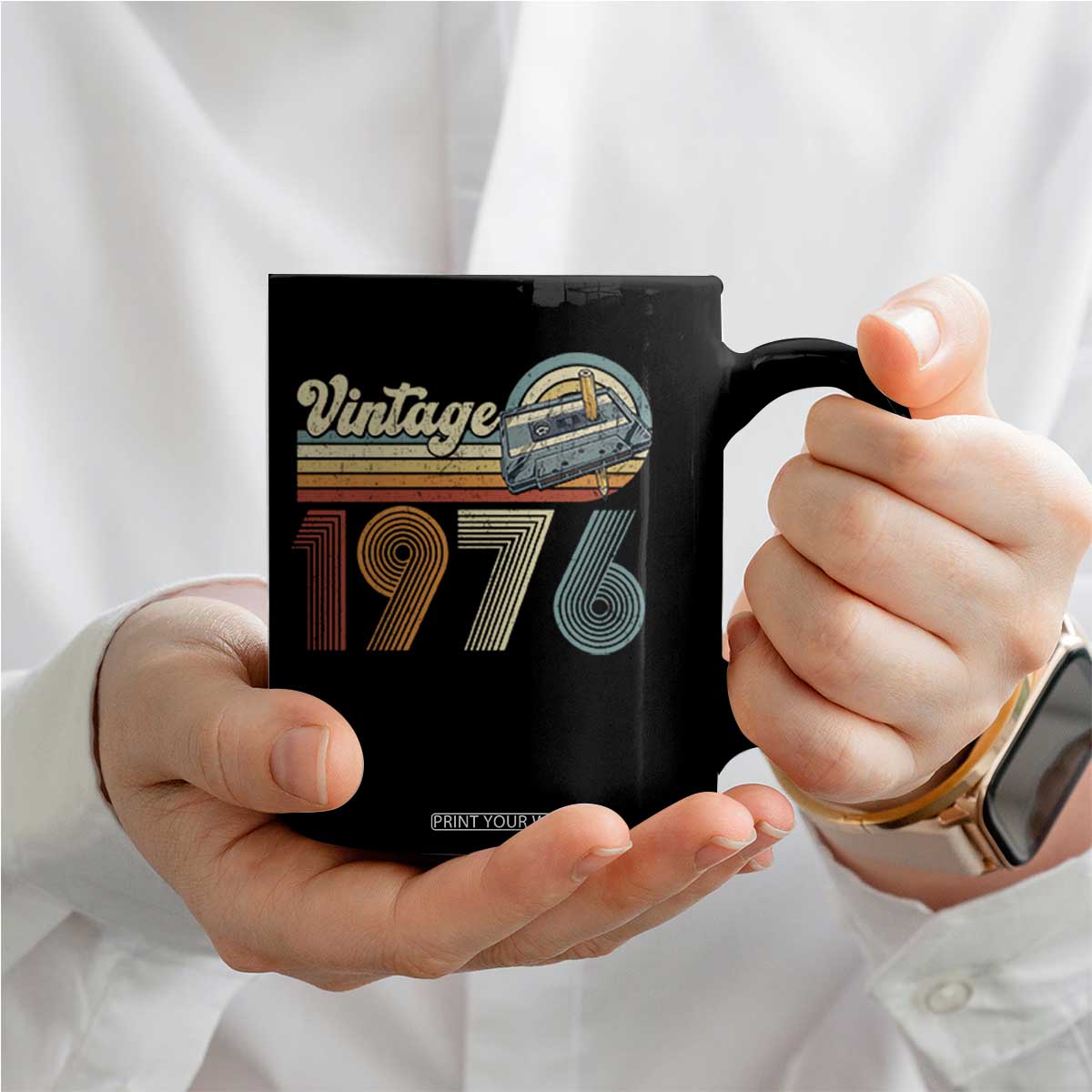 Vintage Sunset 1976 Retro Cassette Coffee Mug Mechanical Dial Tech Nostalgia 50th Birthday