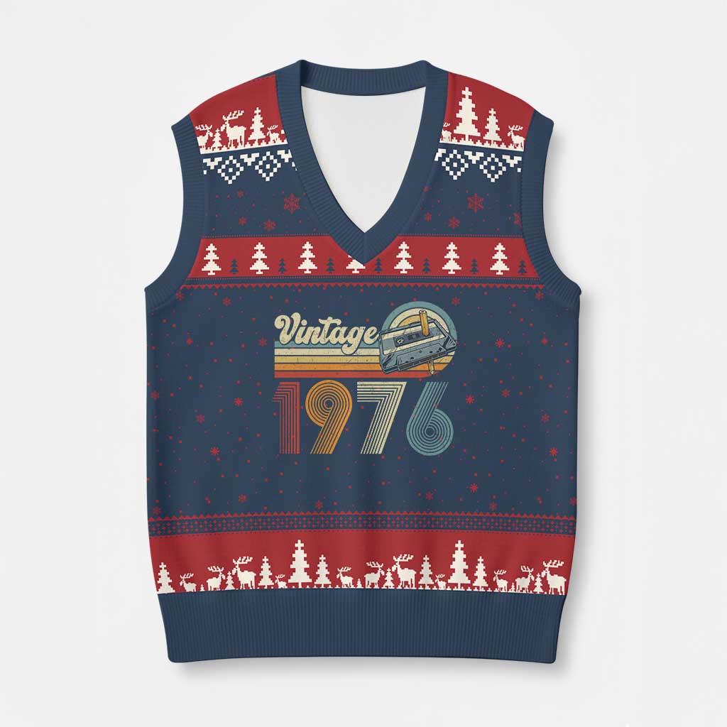 Vintage Sunset 1976 Retro Cassette V-Neck Knit Sweater Vest Mechanical Dial Tech Nostalgia 50th Birthday TS02 Navy Red Print Your Wear