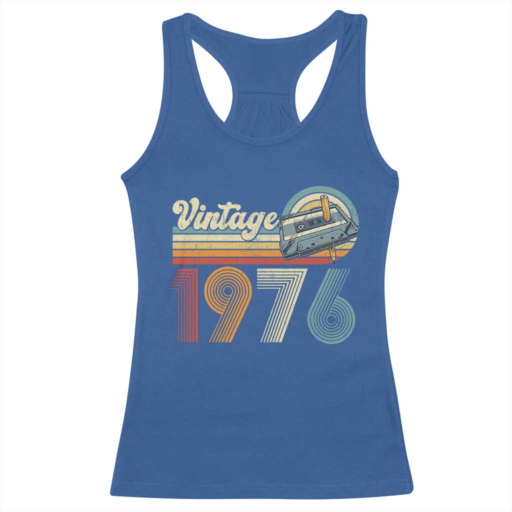 Vintage Sunset 1976 Retro Cassette Racerback Tank Top Mechanical Dial Tech Nostalgia 50th Birthday