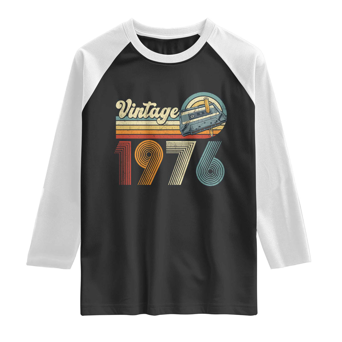 Vintage Sunset 1976 Retro Cassette Raglan Shirt Mechanical Dial Tech Nostalgia 50th Birthday