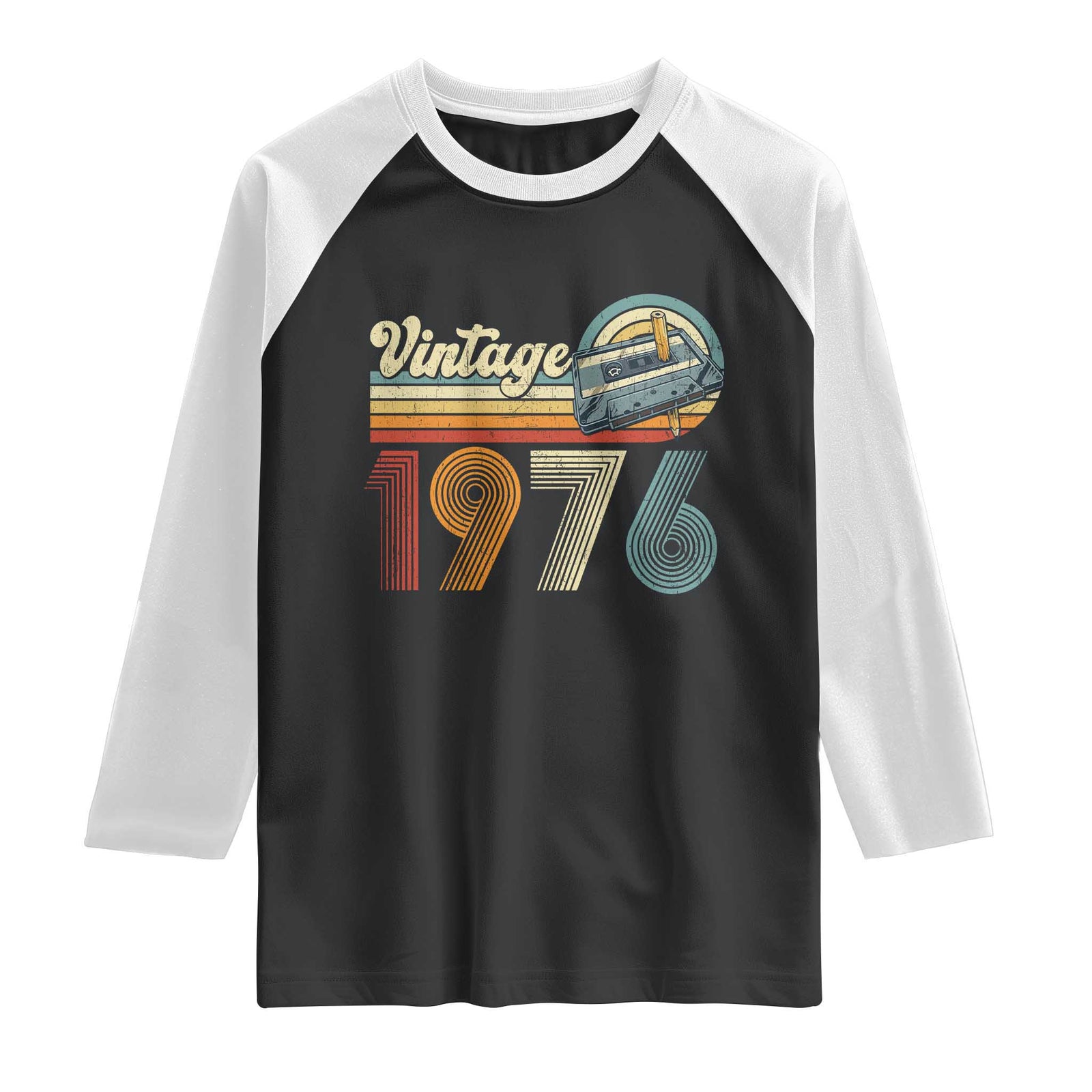 Vintage Sunset 1976 Retro Cassette Raglan Shirt Mechanical Dial Tech Nostalgia 50th Birthday TS02 Black White Print Your Wear