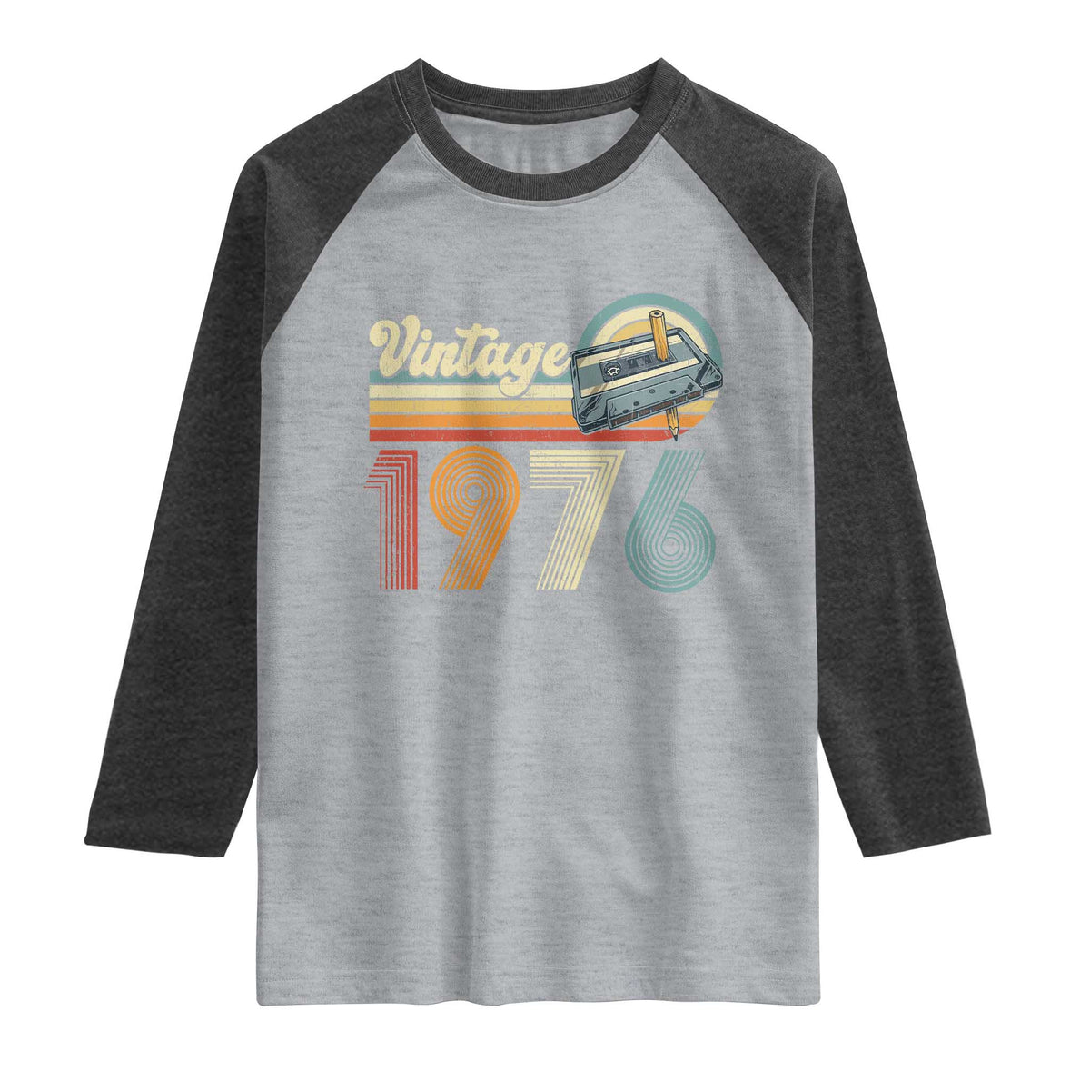 Vintage Sunset 1976 Retro Cassette Raglan Shirt Mechanical Dial Tech Nostalgia 50th Birthday