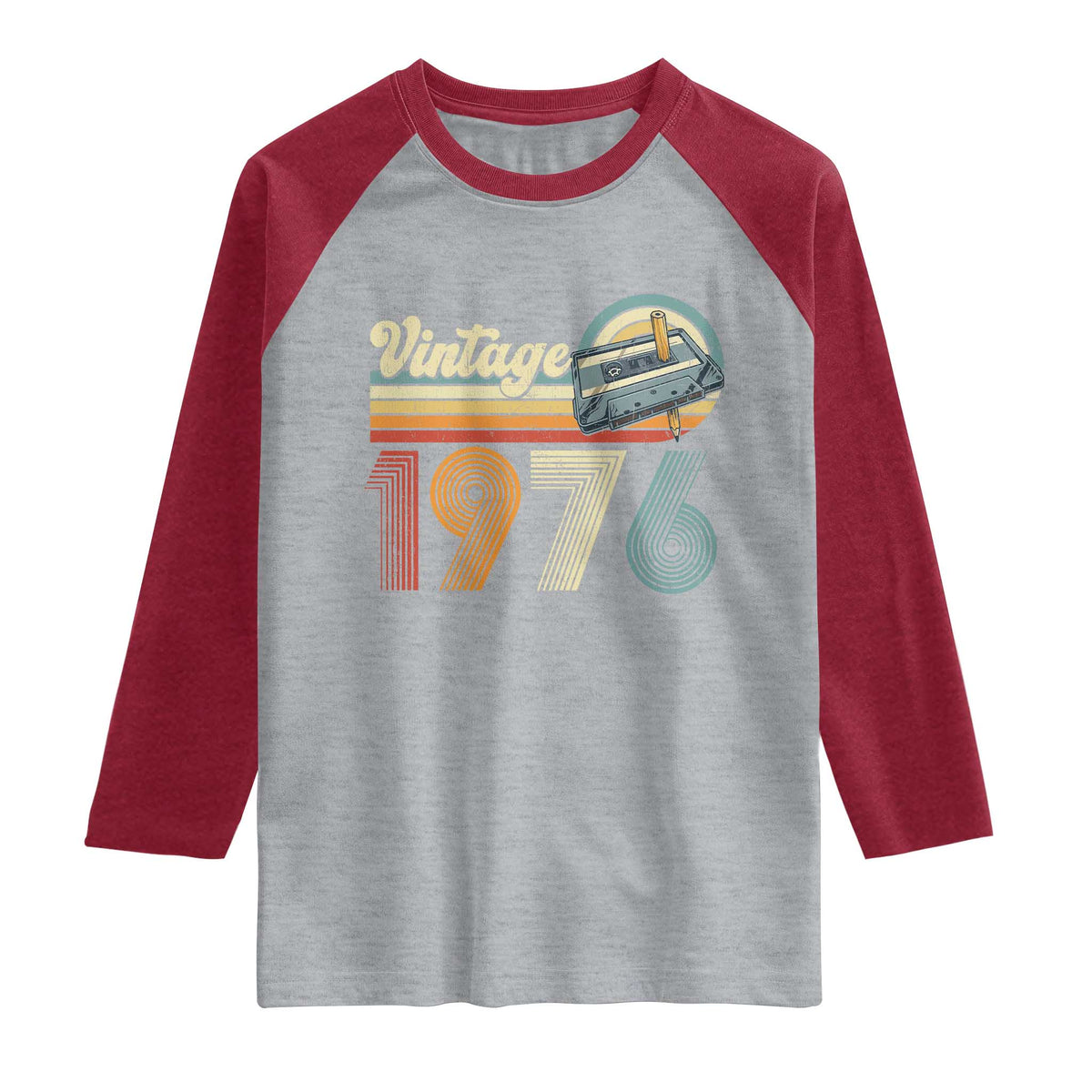 Vintage Sunset 1976 Retro Cassette Raglan Shirt Mechanical Dial Tech Nostalgia 50th Birthday