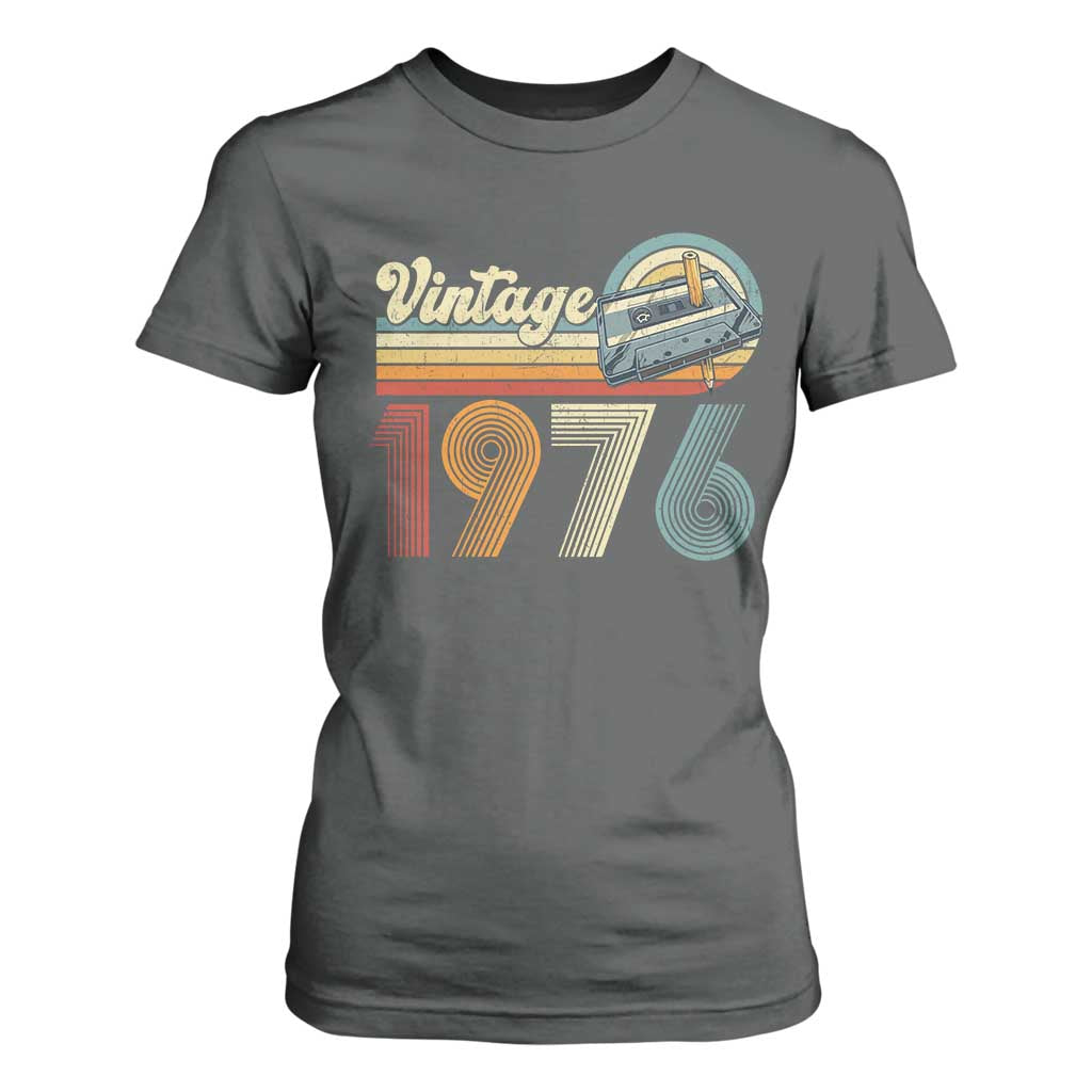 Vintage Sunset 1976 Retro Cassette T Shirt For Women Mechanical Dial Tech Nostalgia 50th Birthday TS02 Dark Heather Print Your Wear