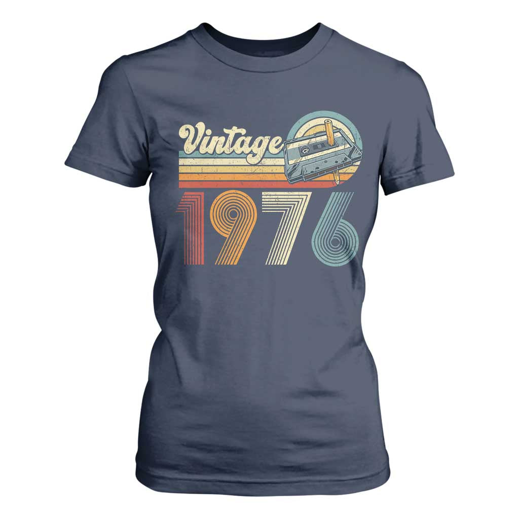 Vintage Sunset 1976 Retro Cassette T Shirt For Women Mechanical Dial Tech Nostalgia 50th Birthday TS02 Navy Print Your Wear