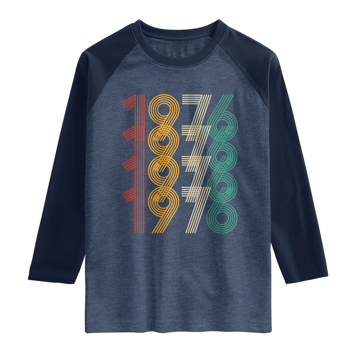 Retro 1976 Multi Line Neon Pop Typography Raglan Shirt Vintage 50th Birthday Gift TS02 Heather Denim Navy Print Your Wear