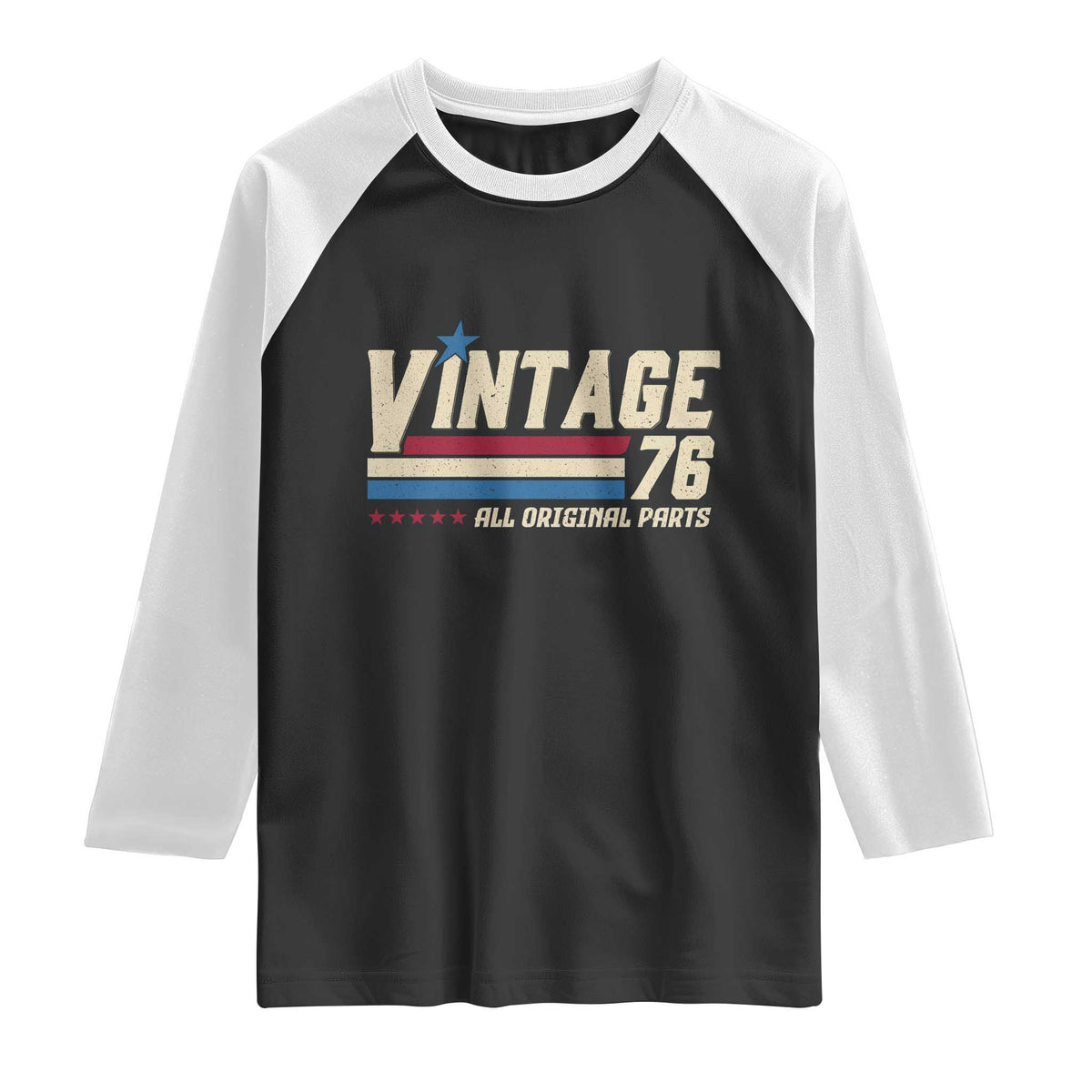 Vintage 76 All Original Parts Raglan Shirt Retro Stripe Patriotic 50th Birthday TS02 Black White Print Your Wear