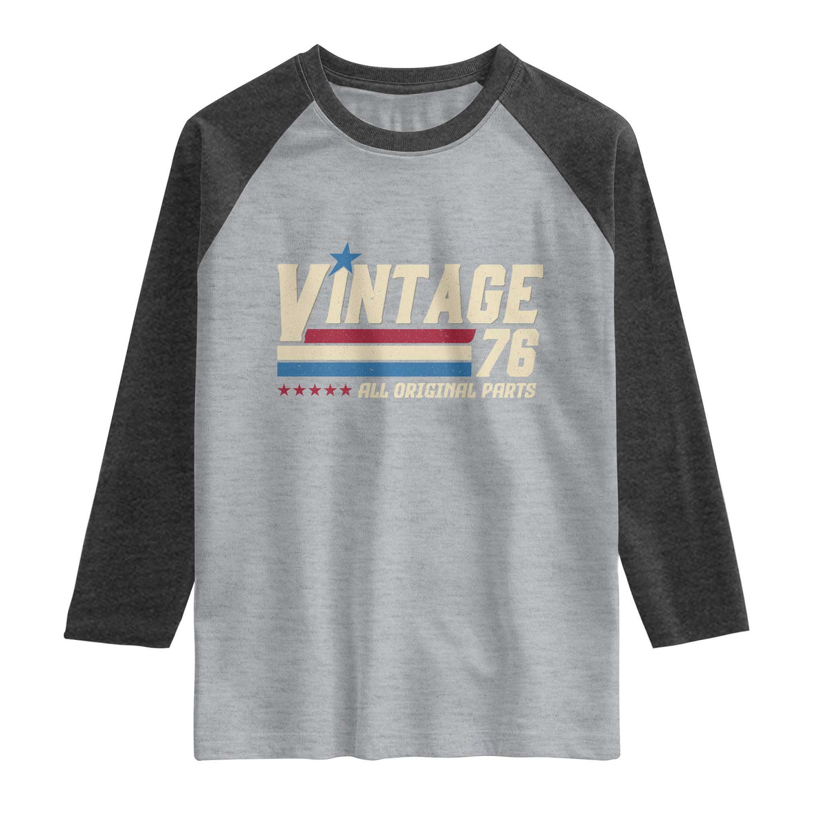 Vintage 76 All Original Parts Raglan Shirt Retro Stripe Patriotic 50th Birthday TS02 Heather Gray Heather Charcoal Print Your Wear