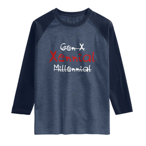 Gen X Xennial Millennial Raglan Shirt Micro Generation Retro Typography Graphic TS02 Heather Denim Navy Print Your Wear