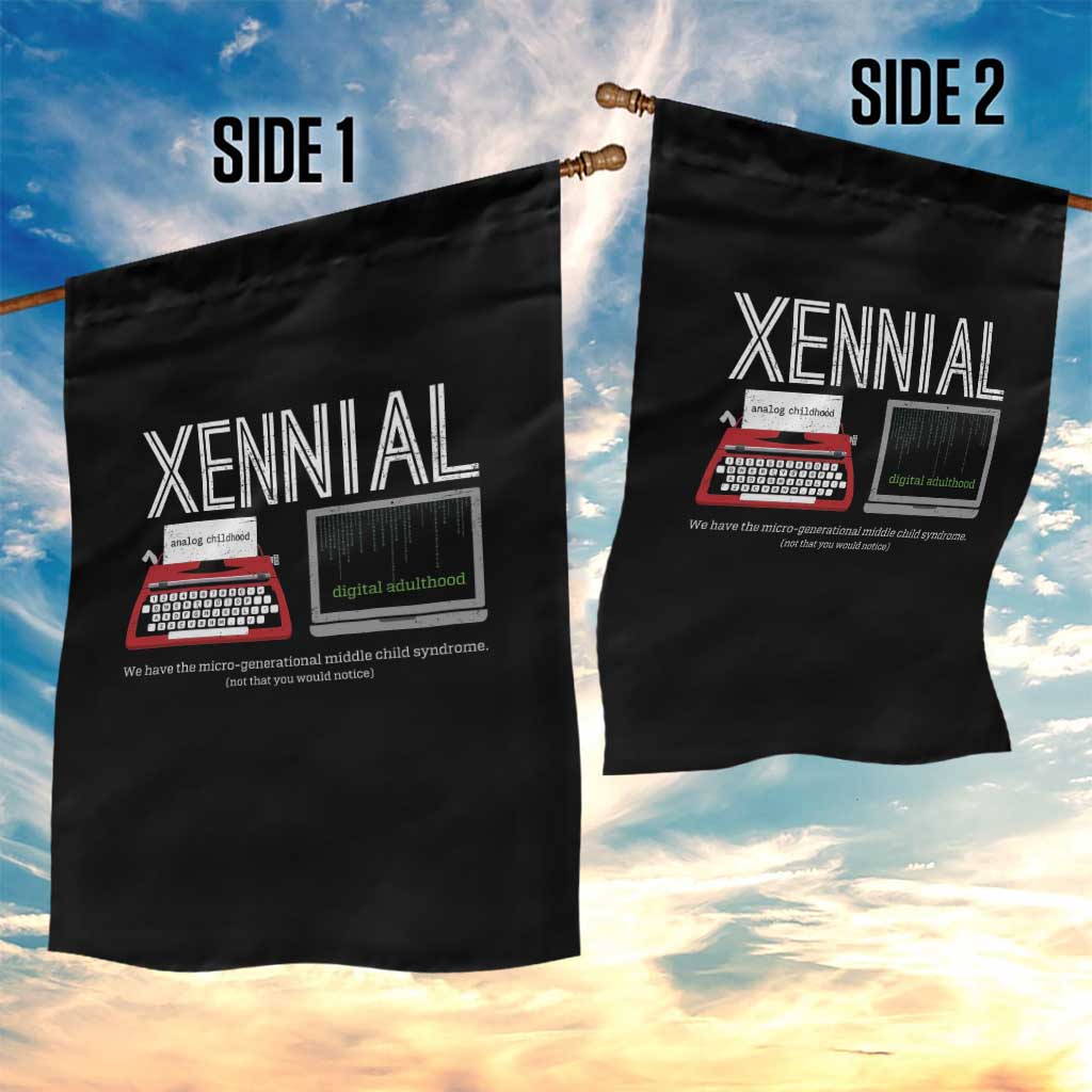 Xennial Typewriter and Computer Screen Garden Flag Analog Childhood Digital Adulthood