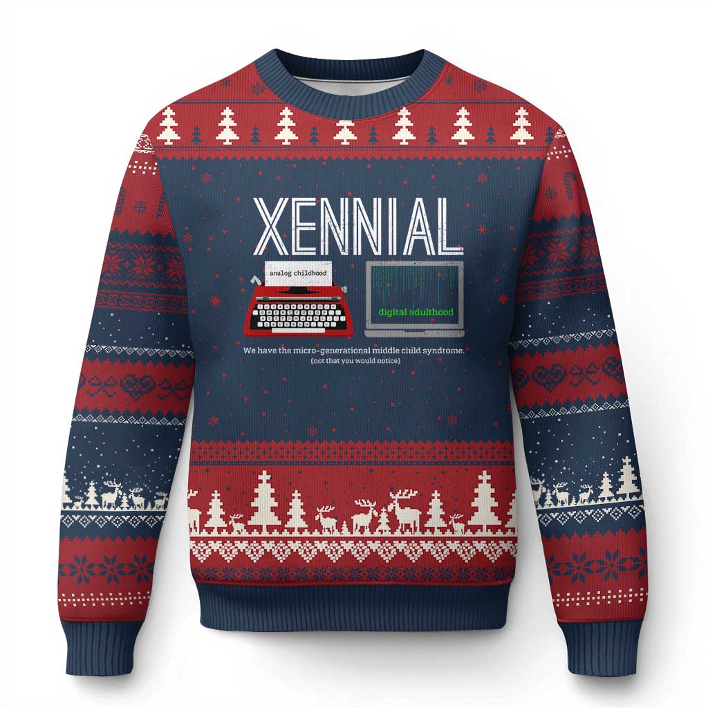 Xennial Typewriter and Computer Screen Ugly Christmas Sweater Analog Childhood Digital Adulthood TS02 Navy Red Print Your Wear