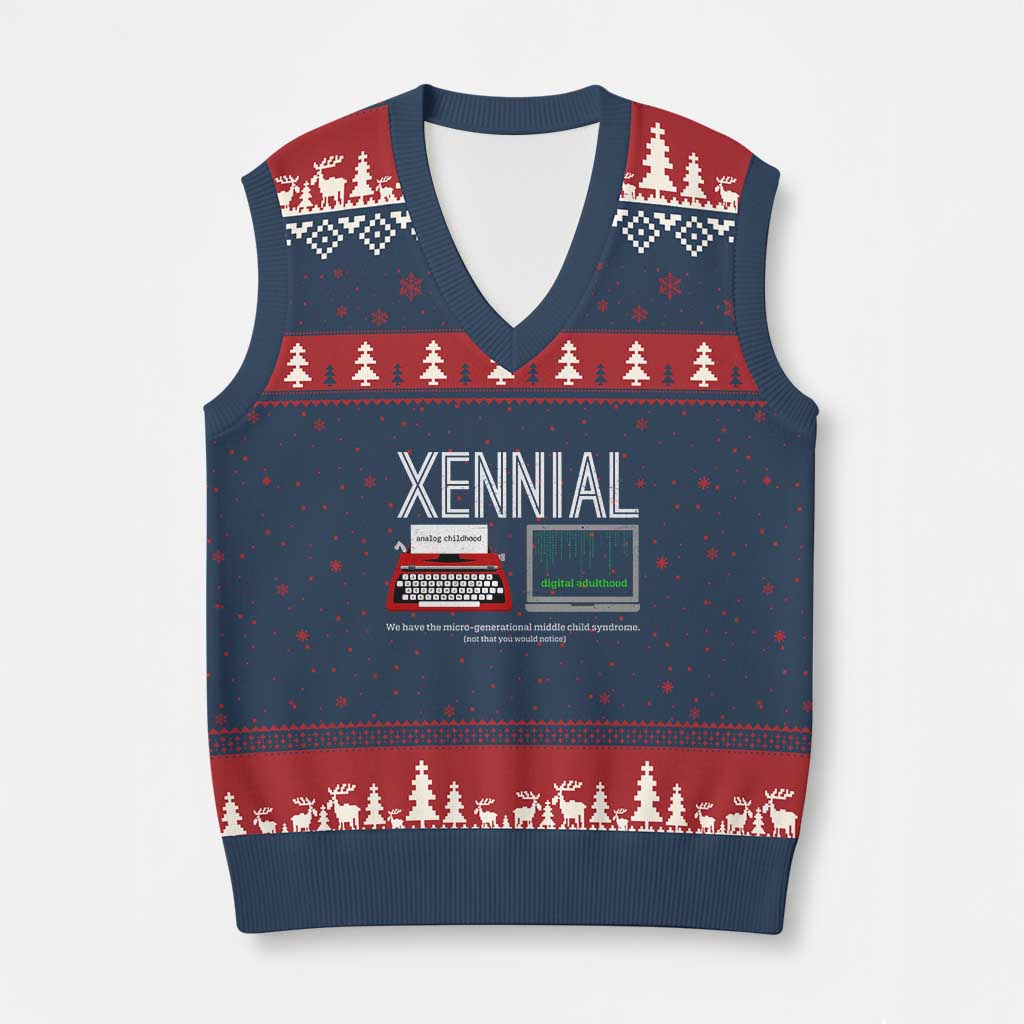 Xennial Typewriter and Computer Screen V-Neck Knit Sweater Vest Analog Childhood Digital Adulthood TS02 Navy Red Print Your Wear