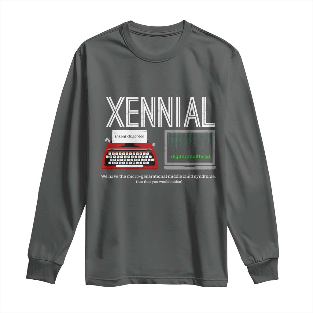 Xennial Typewriter and Computer Screen Long Sleeve Shirt Analog Childhood Digital Adulthood TS02 Dark Heather Print Your Wear