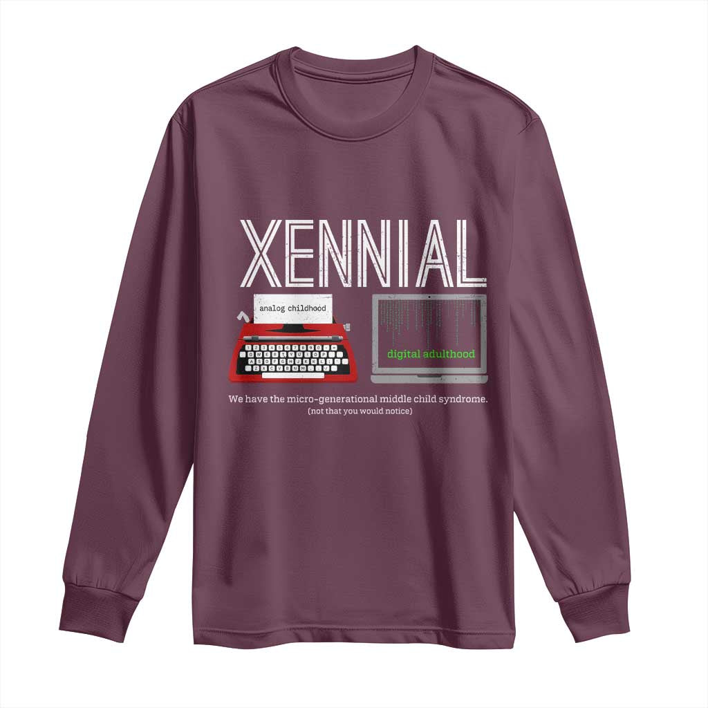 Xennial Typewriter and Computer Screen Long Sleeve Shirt Analog Childhood Digital Adulthood TS02 Maroon Print Your Wear