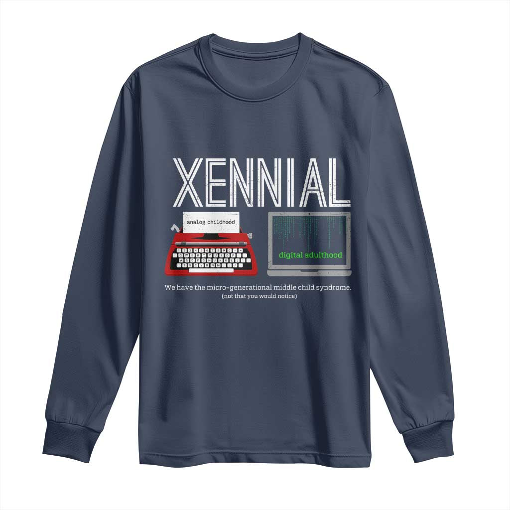 Xennial Typewriter and Computer Screen Long Sleeve Shirt Analog Childhood Digital Adulthood TS02 Navy Print Your Wear