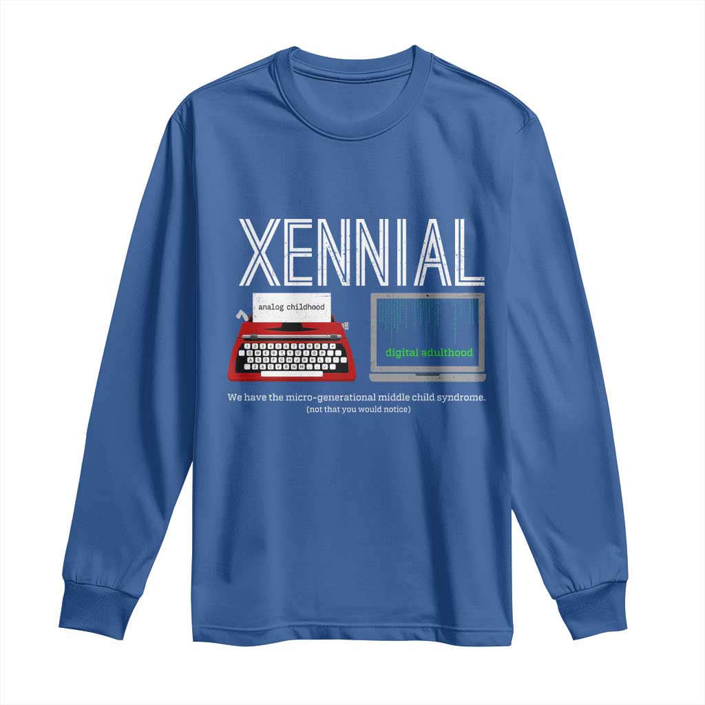 Xennial Typewriter and Computer Screen Long Sleeve Shirt Analog Childhood Digital Adulthood TS02 Royal Blue Print Your Wear