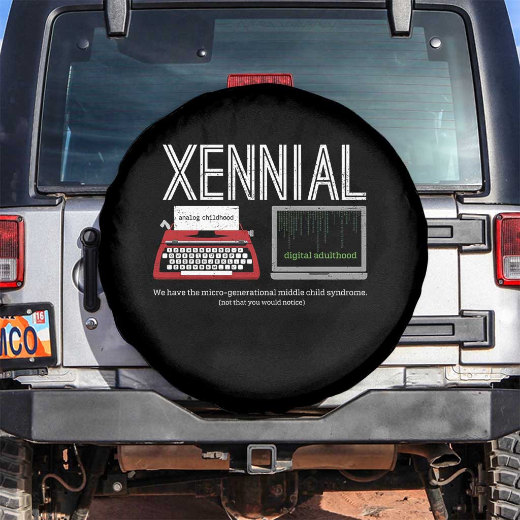 Xennial Typewriter and Computer Screen Spare Tire Cover Analog Childhood Digital Adulthood TS02 No hole Black Print Your Wear