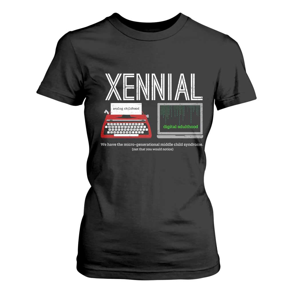 Xennial Typewriter and Computer Screen T Shirt For Women Analog Childhood Digital Adulthood TS02 Black Print Your Wear