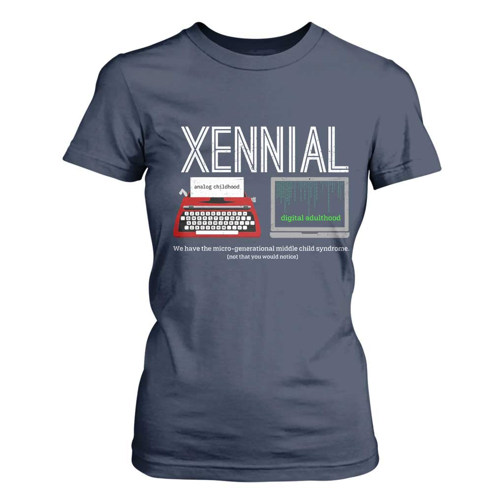 Xennial Typewriter and Computer Screen T Shirt For Women Analog Childhood Digital Adulthood TS02 Navy Print Your Wear
