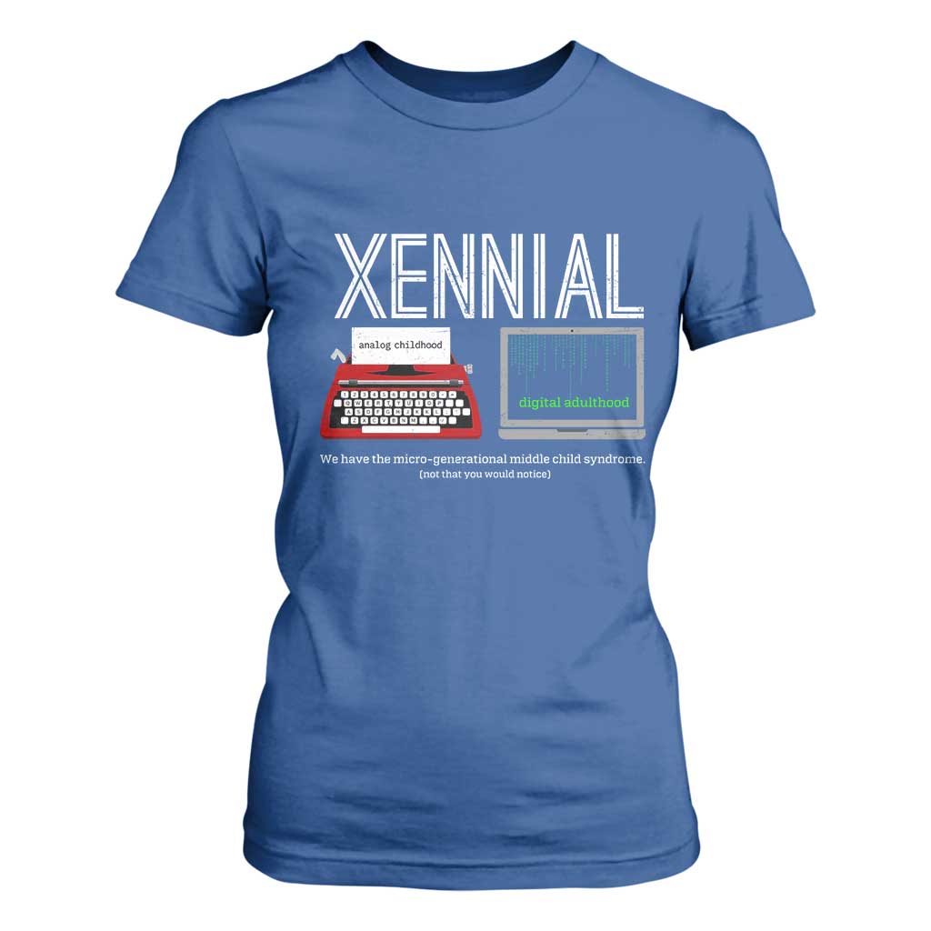 Xennial Typewriter and Computer Screen T Shirt For Women Analog Childhood Digital Adulthood TS02 Royal Blue Print Your Wear