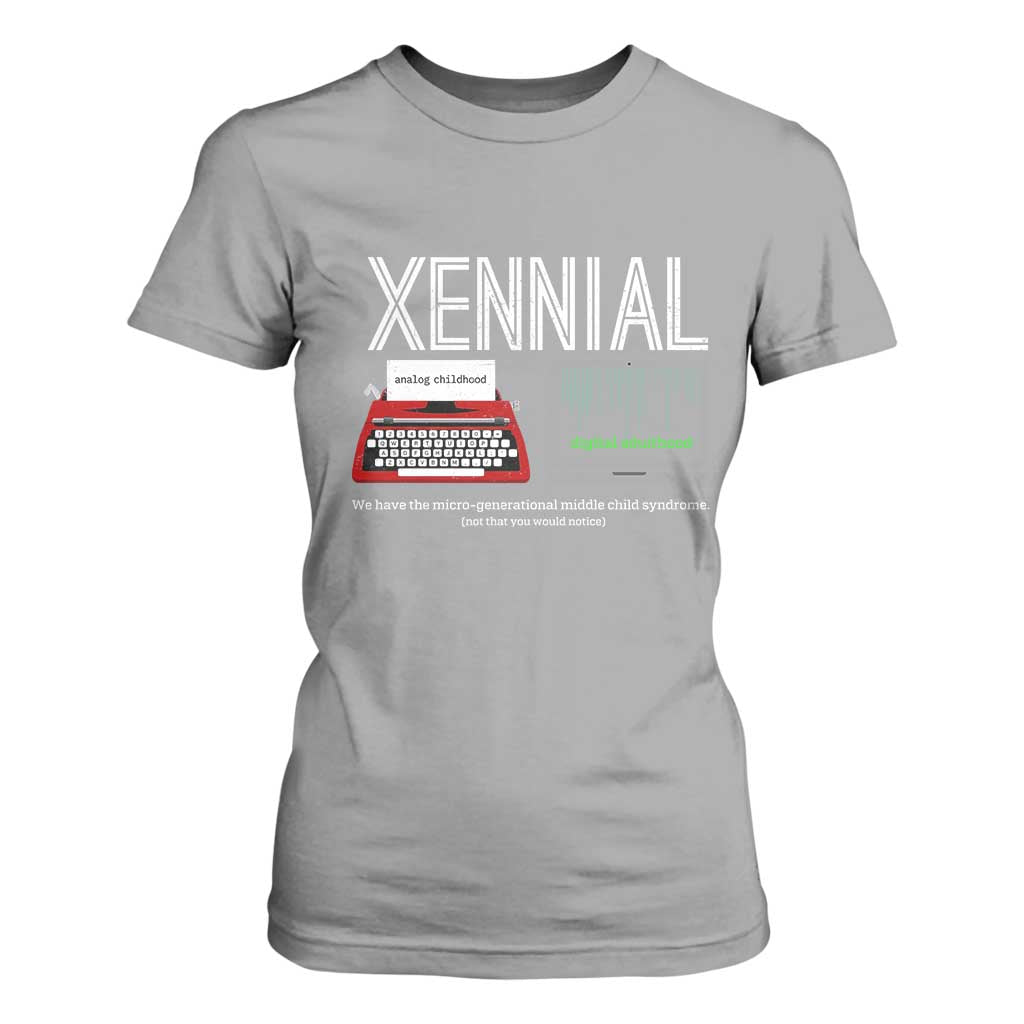 Xennial Typewriter and Computer Screen T Shirt For Women Analog Childhood Digital Adulthood TS02 Sport Gray Print Your Wear