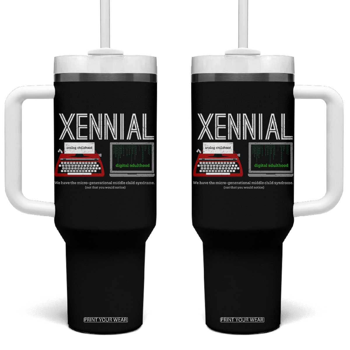 Xennial Typewriter and Computer Screen Tumbler With Handle Analog Childhood Digital Adulthood TS02 One Size: 40 oz Black Print Your Wear