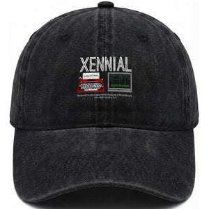 Xennial Typewriter and Computer Screen Washed Cotton Baseball Cap Analog Childhood Digital Adulthood