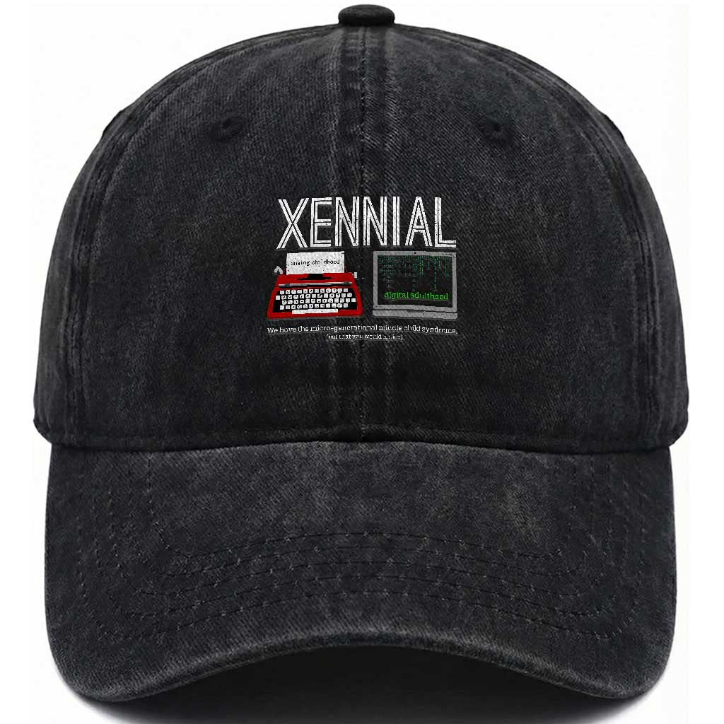 Xennial Typewriter and Computer Screen Washed Cotton Baseball Cap Analog Childhood Digital Adulthood TS02 Print Your Wear