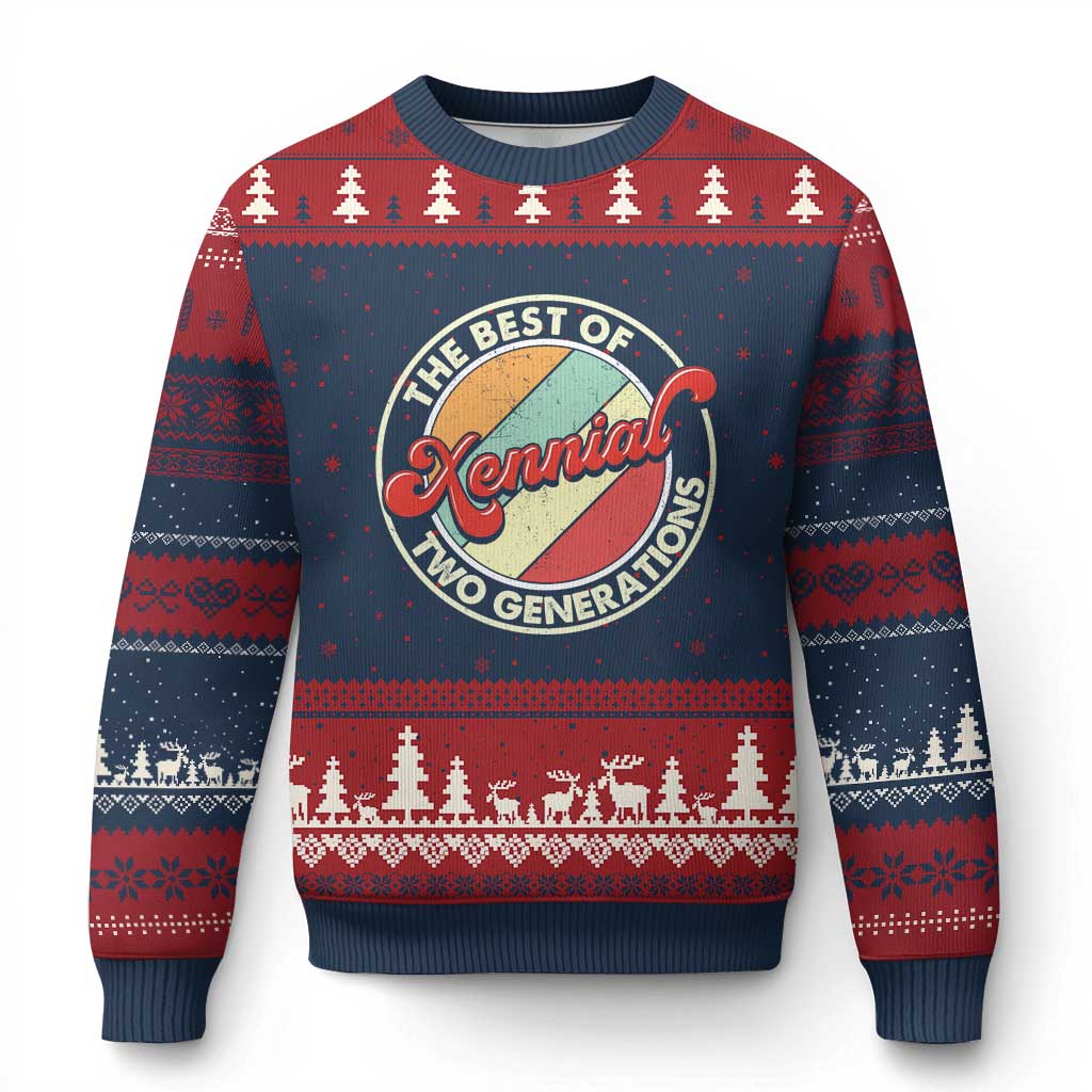 Xennial The Best of Two Generations Ugly Christmas Sweater Retro Sunset Vintage 70s Graphic TS02 Navy Red Print Your Wear