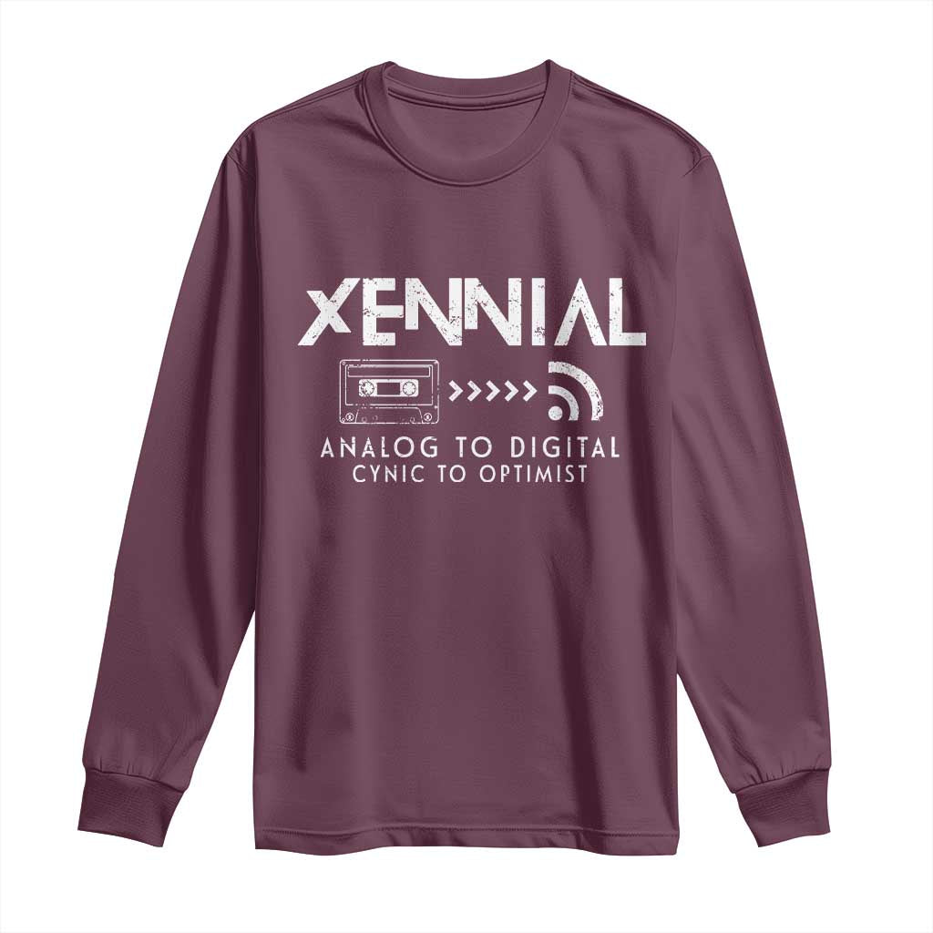 Funny Xennial Analog To Digital Long Sleeve Shirt Cassette Tape to Internet Cynic to Optimist TS02 Maroon Print Your Wear