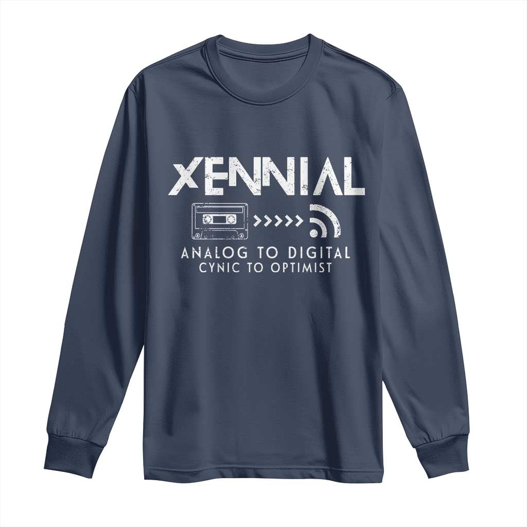Funny Xennial Analog To Digital Long Sleeve Shirt Cassette Tape to Internet Cynic to Optimist TS02 Navy Print Your Wear