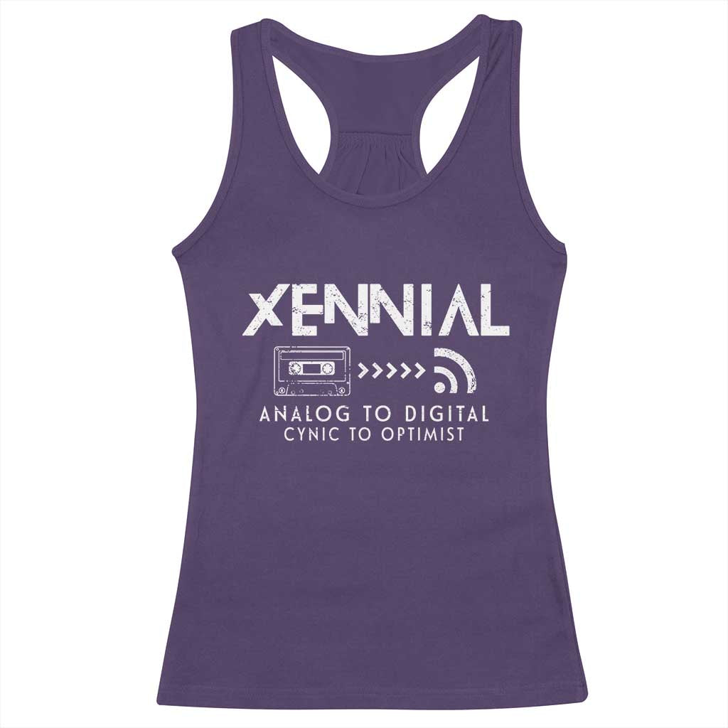Funny Xennial Analog To Digital Racerback Tank Top Cassette Tape to Internet Cynic to Optimist TS02 Purple Print Your Wear