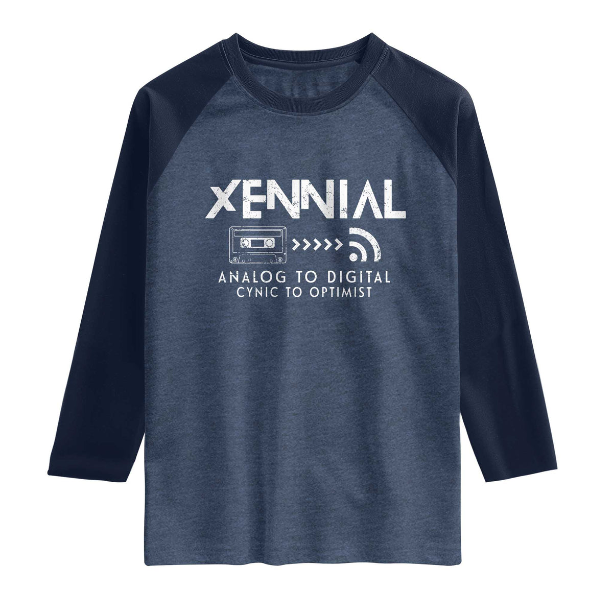 Funny Xennial Analog To Digital Raglan Shirt Cassette Tape to Internet Cynic to Optimist TS02 Heather Denim Navy Print Your Wear