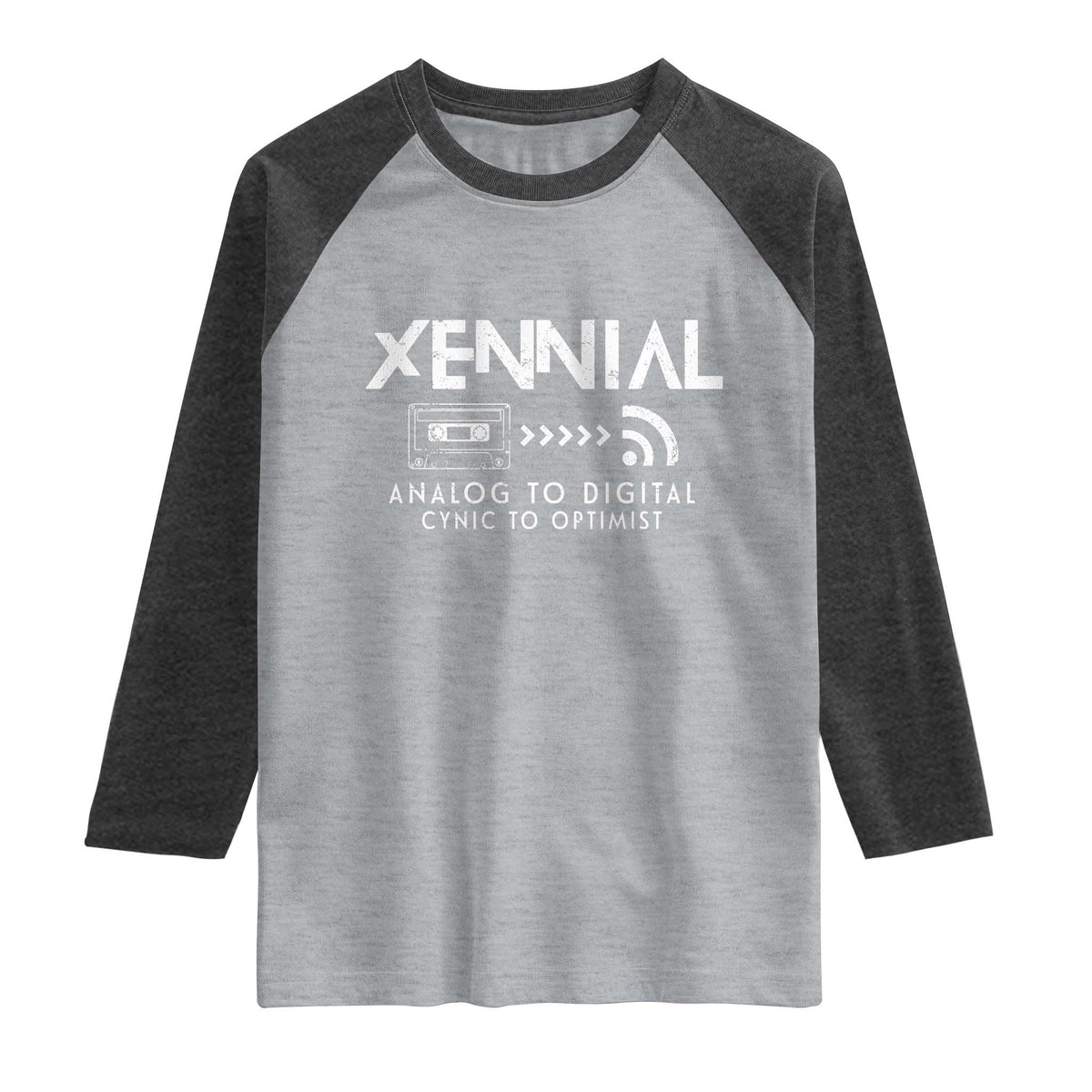 Funny Xennial Analog To Digital Raglan Shirt Cassette Tape to Internet Cynic to Optimist TS02 Heather Gray Heather Charcoal Print Your Wear