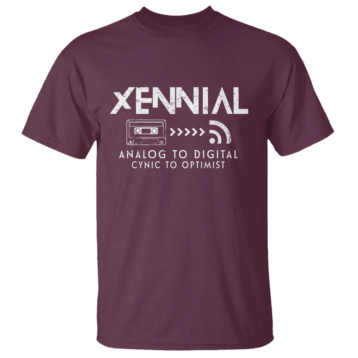 Funny Xennial Analog To Digital T Shirt Cassette Tape to Internet Cynic to Optimist TS02 Maroon Print Your Wear