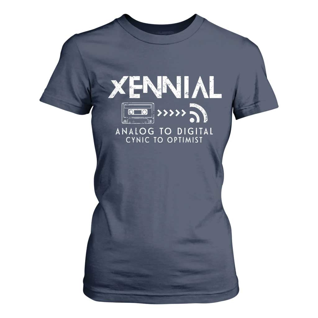 Funny Xennial Analog To Digital T Shirt For Women Cassette Tape to Internet Cynic to Optimist TS02 Navy Print Your Wear
