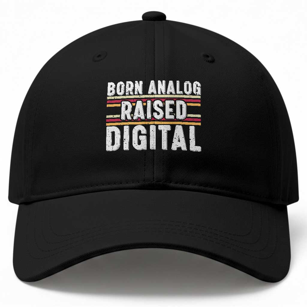 Born Analog Raised Digital Baseball Cap Vintage Sunset Retro Tech Graphic