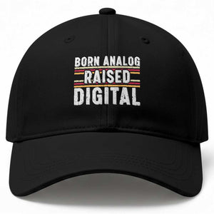 Born Analog Raised Digital Baseball Cap Vintage Sunset Retro Tech Graphic