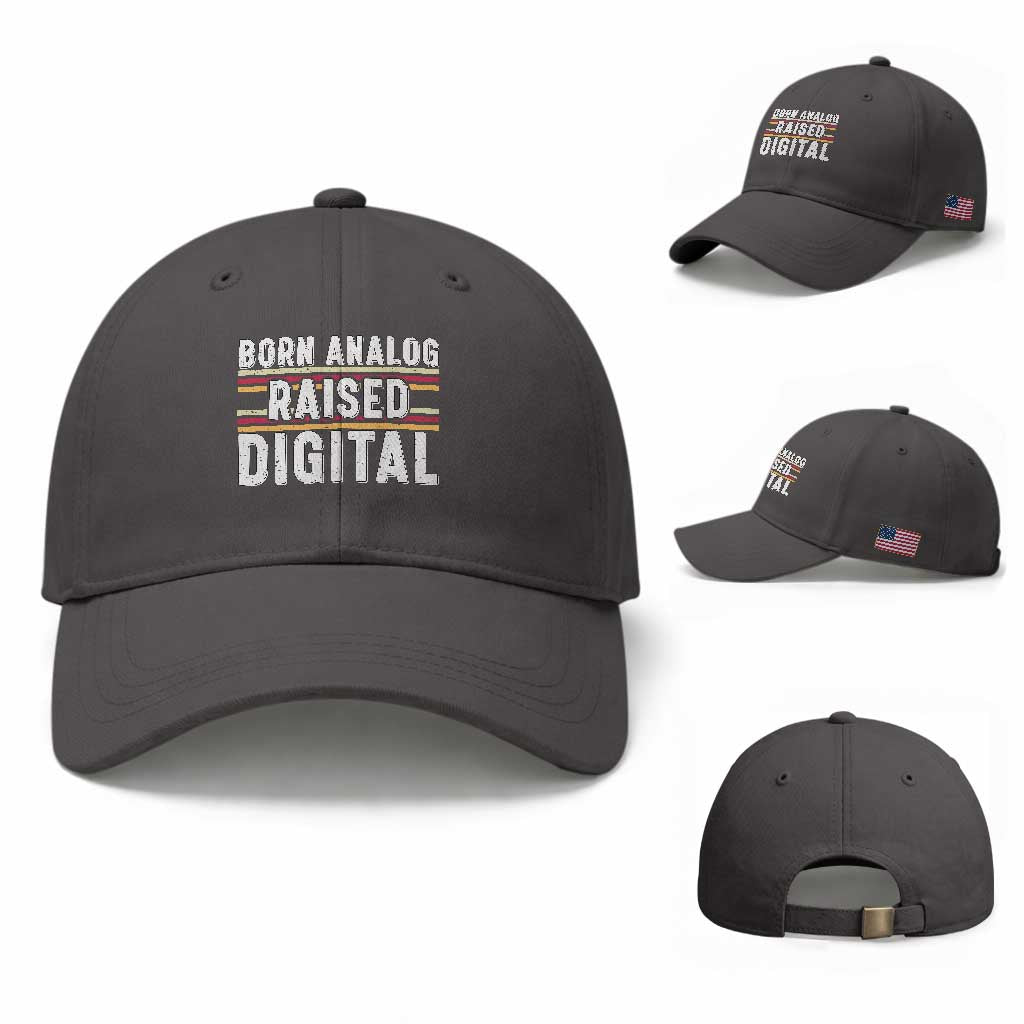 Born Analog Raised Digital Baseball Cap Vintage Sunset Retro Tech Graphic