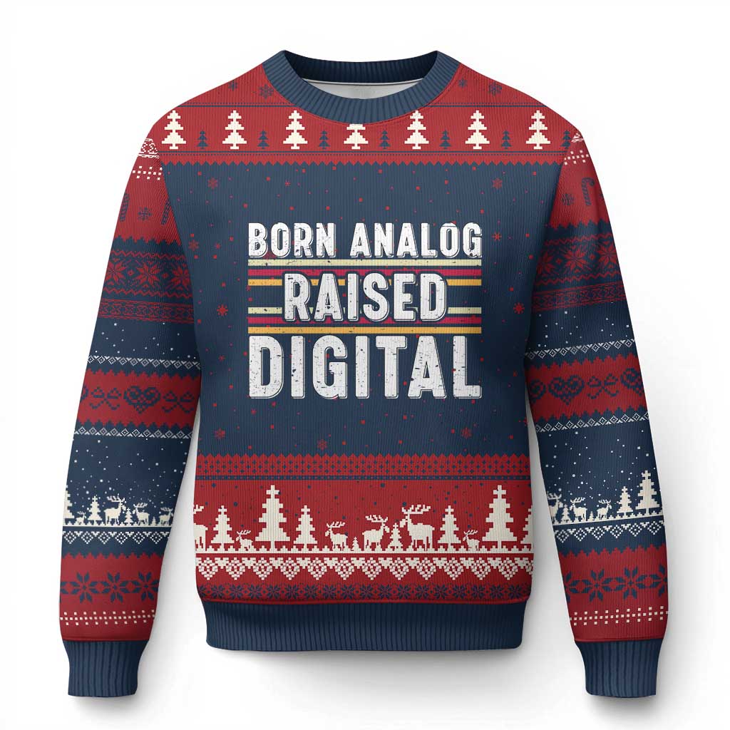 Born Analog Raised Digital Ugly Christmas Sweater Vintage Sunset Retro Tech Graphic TS02 Navy Red Print Your Wear