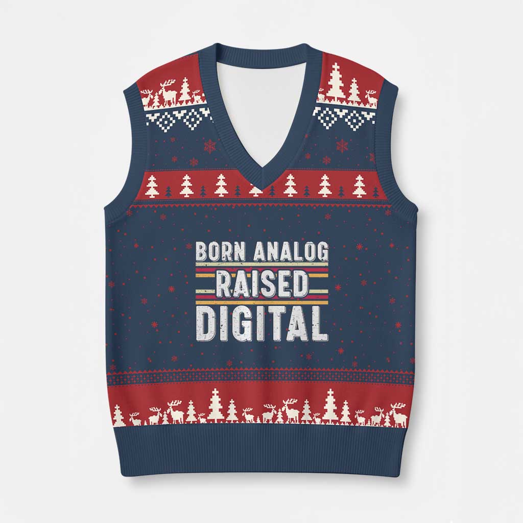Born Analog Raised Digital V-Neck Knit Sweater Vest Vintage Sunset Retro Tech Graphic TS02 Navy Red Print Your Wear