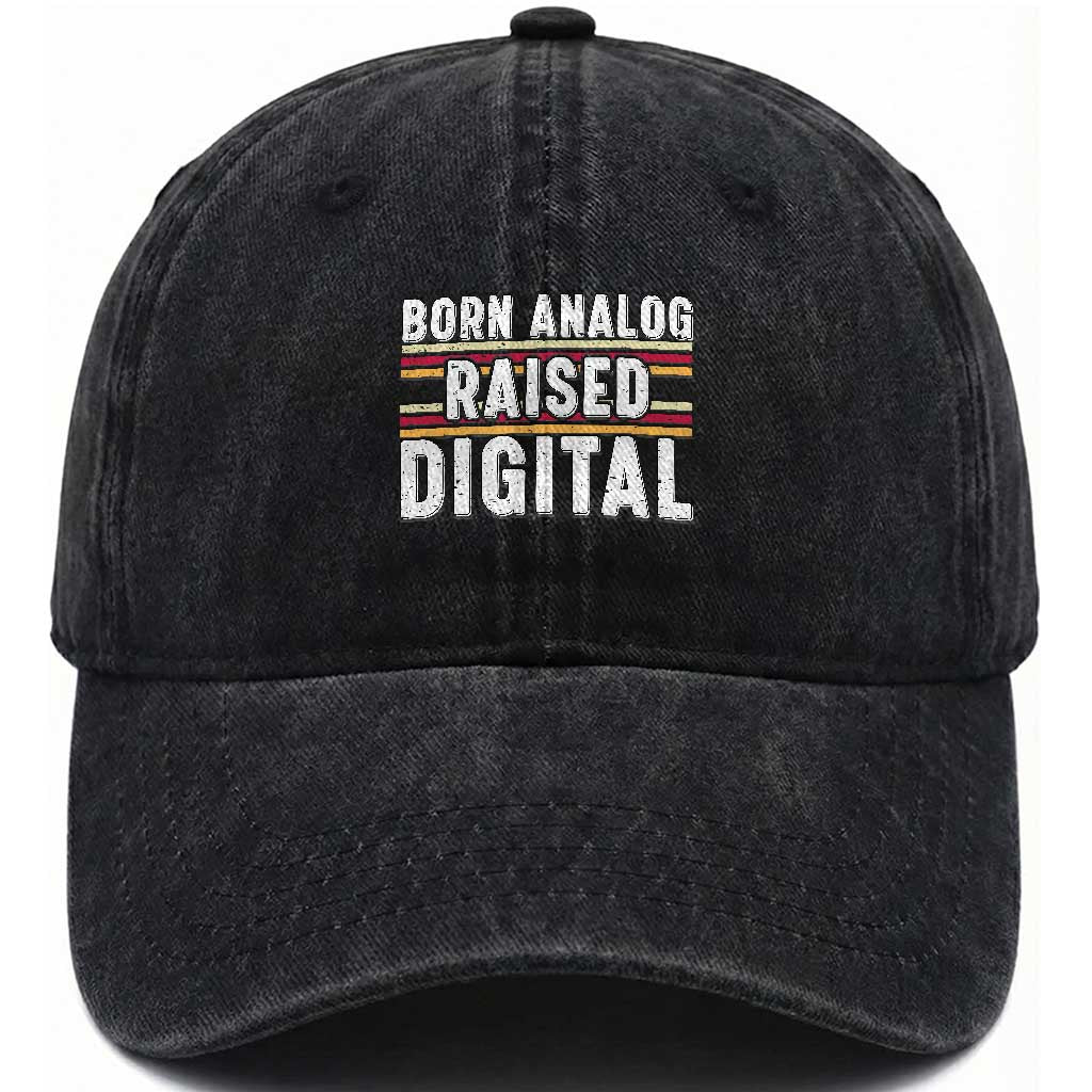 Born Analog Raised Digital Washed Cotton Baseball Cap Vintage Sunset Retro Tech Graphic TS02 Print Your Wear