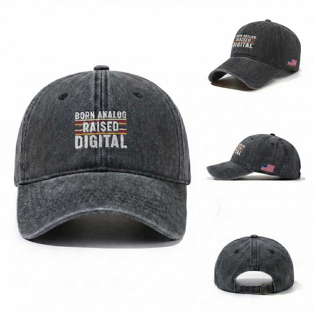 Born Analog Raised Digital Washed Cotton Baseball Cap Vintage Sunset Retro Tech Graphic TS02 Washed Cap Universal Fit Dark Gray Print Your Wear