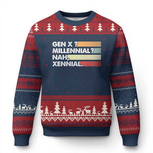 Gen X Millennial Nah Xennial Ugly Christmas Sweater Retro Sunset Striped Typography Graphic TS02 Navy Red Print Your Wear